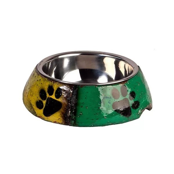 Beautiful lacquered pet feeding bowl made from recycled shipping drums, and an inner stainless steel bowl too.