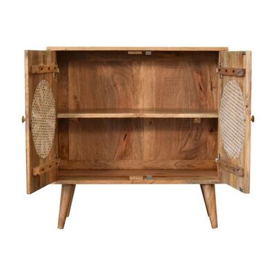 Plenty of shelf space inside, and you can see the rattan work panel behind the Daisy motifs on the doors.