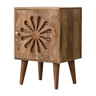 Daisy Bedside Cabinet
Oak Finish.  Nordic Style Legs.
Cut Out Flower Design on front elevation with rattan backing