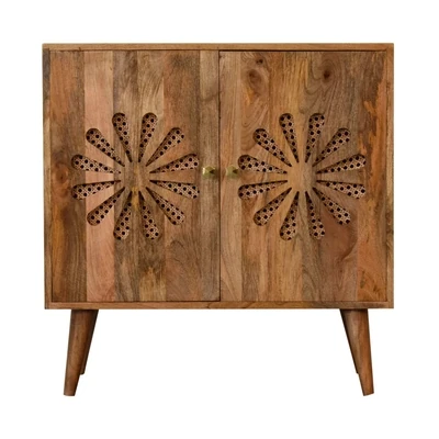 Two Door Oak Finish Cabinet with Daisy Petal Design on Each Door