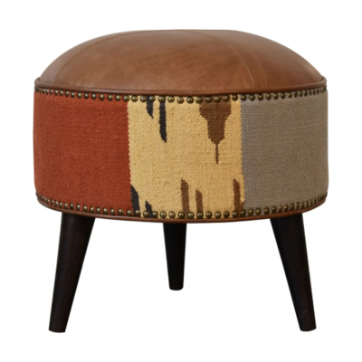 Durrie Footstool, Buffalo Leather Top Deep Orange, Beige, Grey Colourway