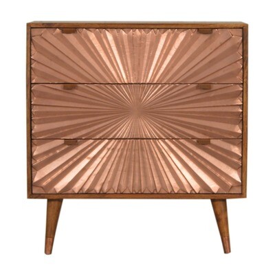 Chest of Drawers with a Copper Metal Front Design with Sunshine Rays
