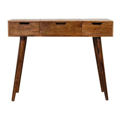 Chestnut Finish Three Drawer Solid Wood Hand Crafted Console Table