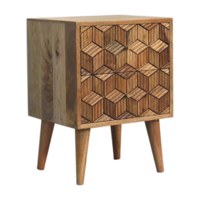 The Picasso Oak Finish Bedside Cabinet featuring a Cube Engraved Design