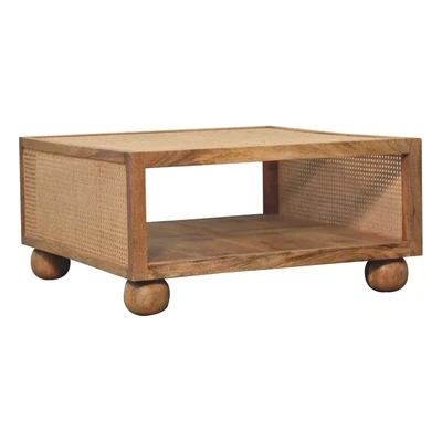 Cara Coffee Table - Solid Wood, Rattan Finish Sides and Round Feet.