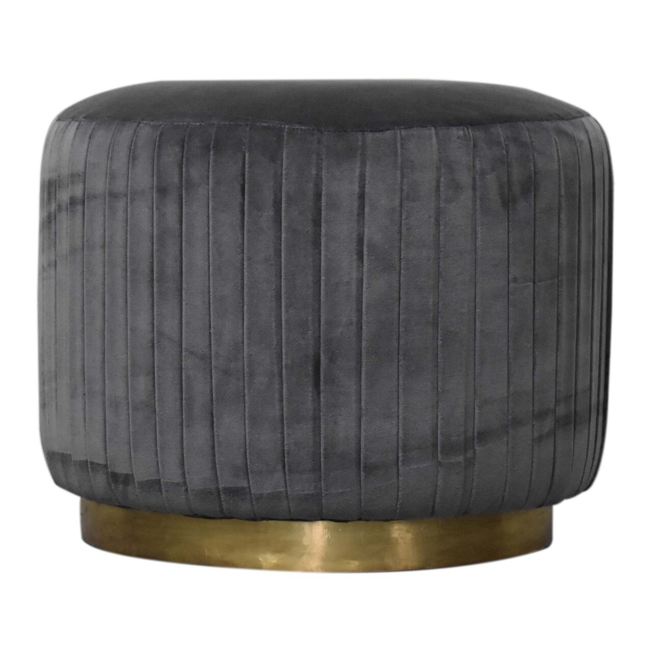Grey Velvet Pleated Footstool with Gold Base