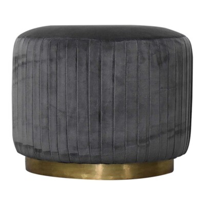 Grey Velvet Pleated Footstool with Gold Base