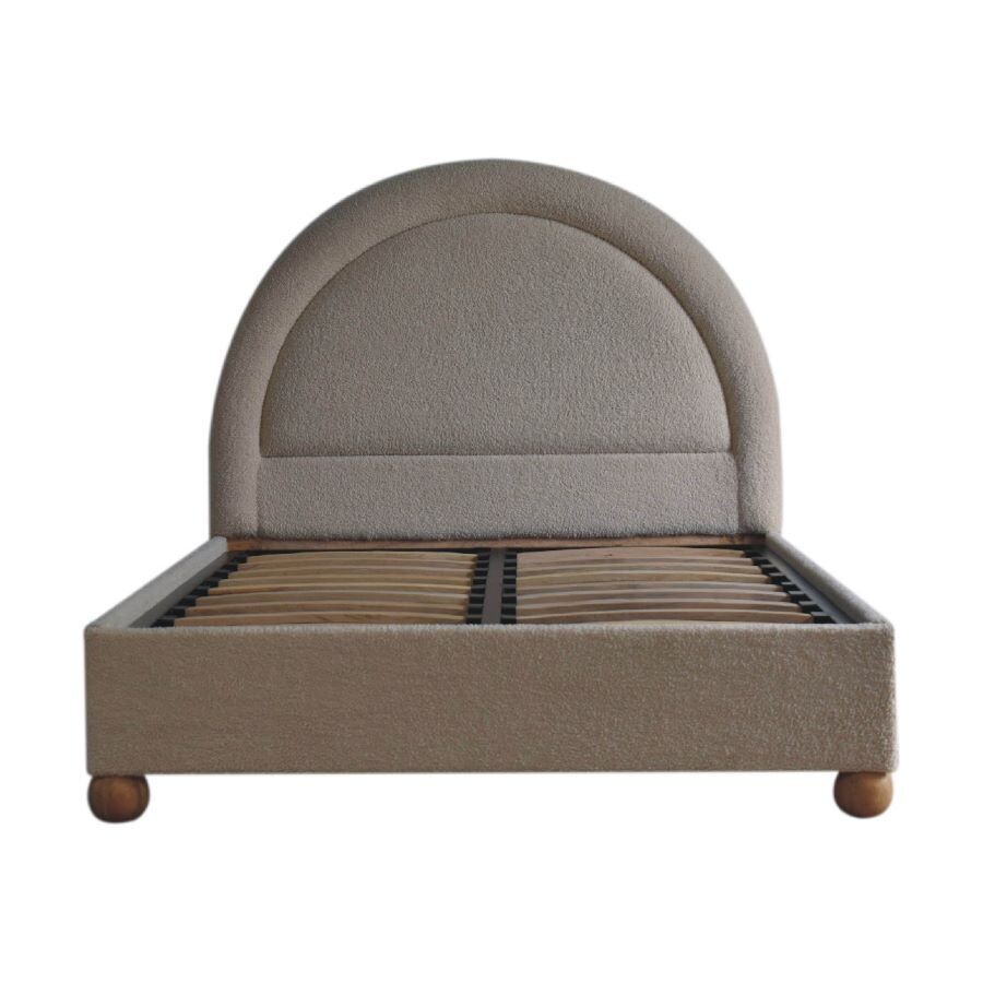 Boucle bed.
Semi-Circle headboard with indented semi-circle frame in Boucle finish fabric.
Boucle base frame.
Oak affect feet
