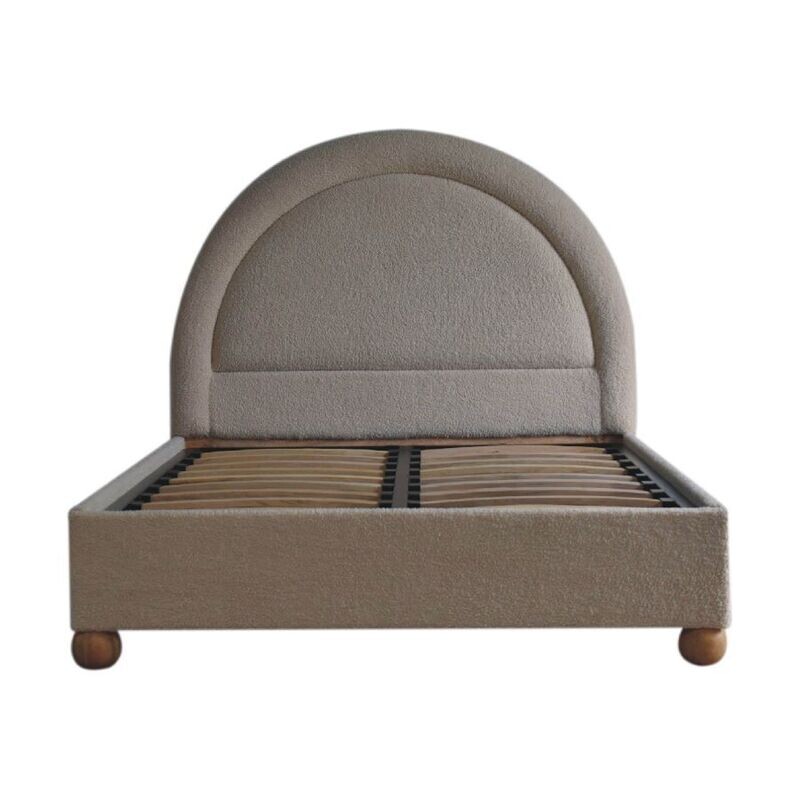 Boucle bed.
Semi-Circle headboard with indented semi-circle frame in Boucle finish fabric.
Boucle base frame.
Oak affect feet