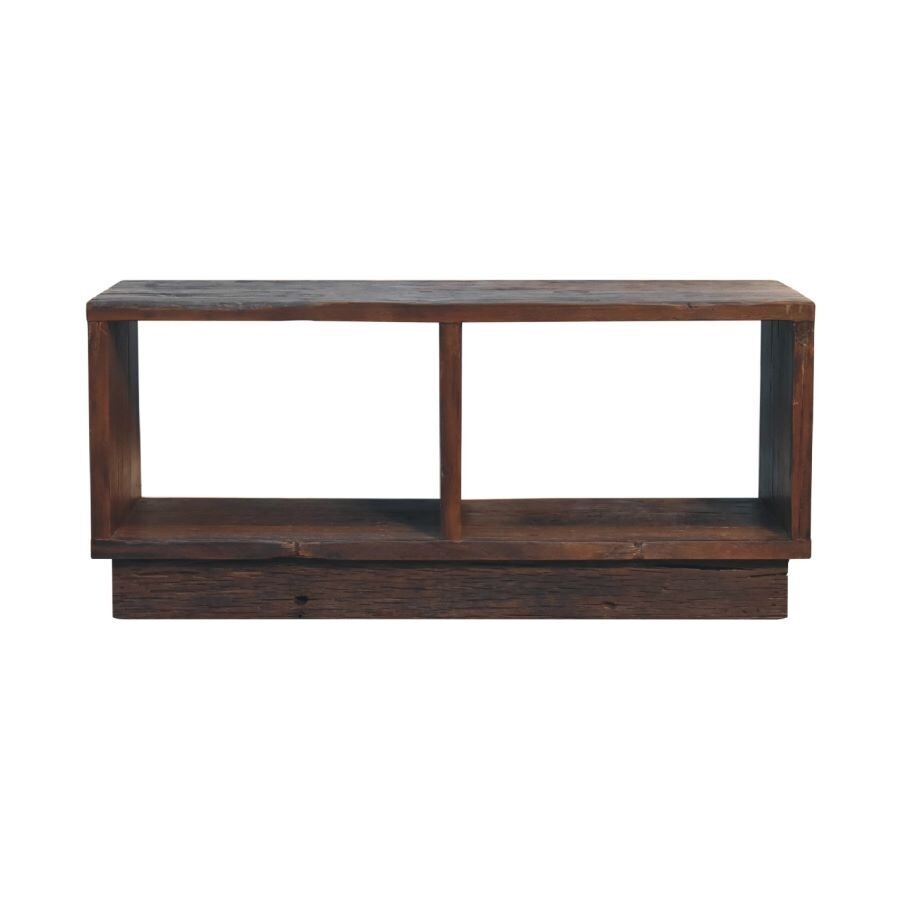 The Forest Cube Media Unit
Rectangular Unit with two open slots set on a platform base.
Dark wood Finish.  Rustic Recycled Wood