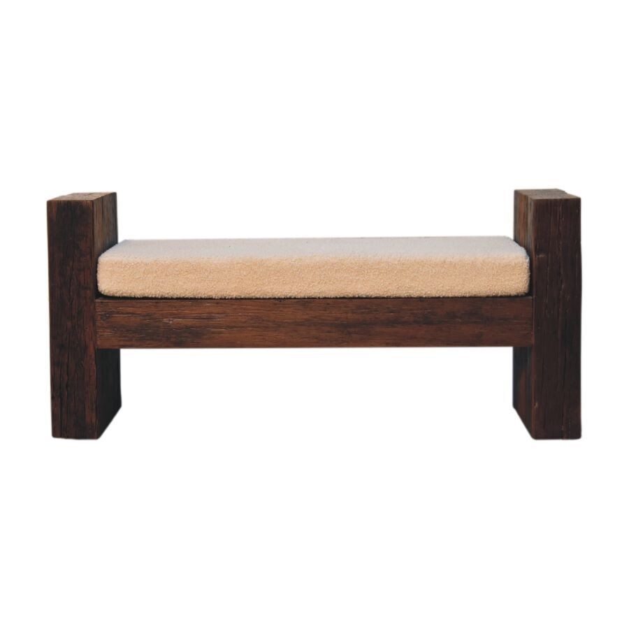 Dark wood bench with boucle cushion seat