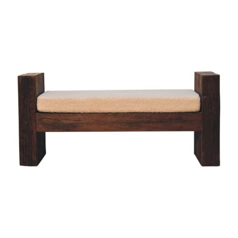 Dark wood bench with boucle cushion seat