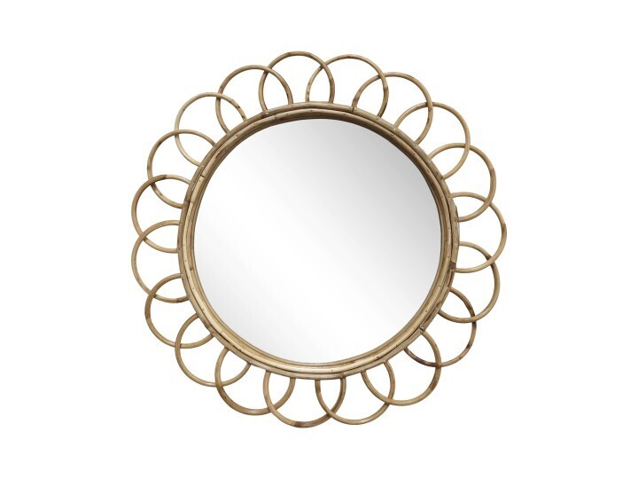 A good sized mirror with a rattan frame designed in a flower manner