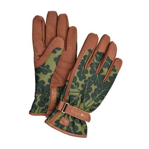 A pair of gardening gloves with a countryside pattern.