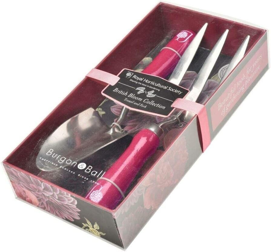 British Bloom Design - dark background with red, pink blooms.
Hand Trowel and fork in gift packaging