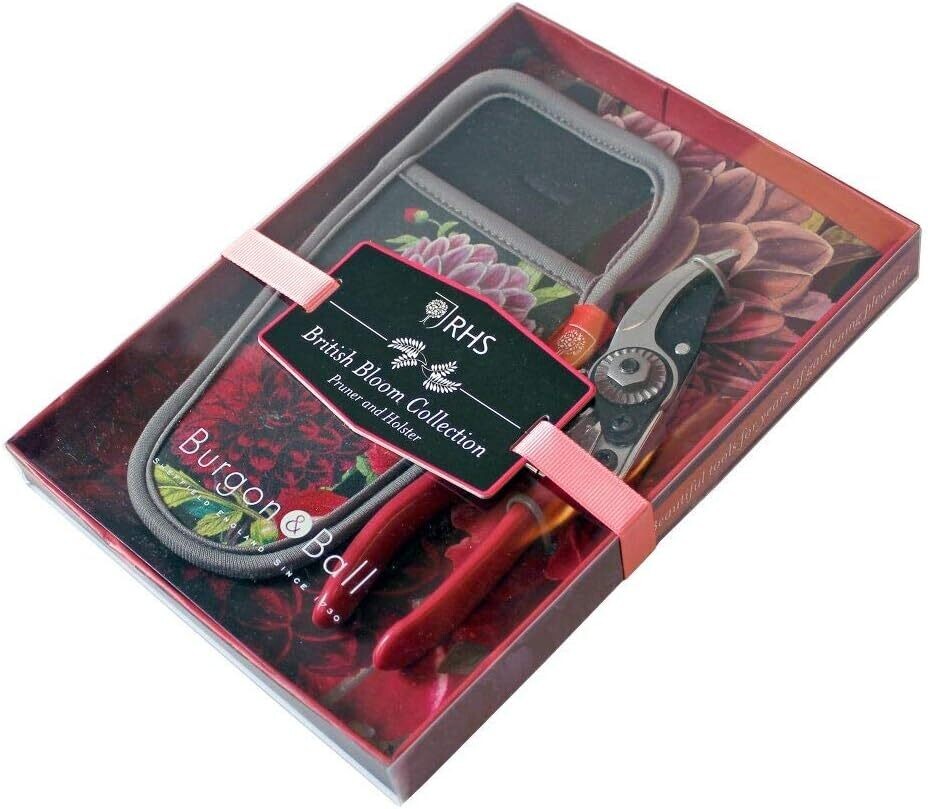 British Bloom Design - dark background with red, pink blooms.
Secateurs and holster in gift presentation packaging