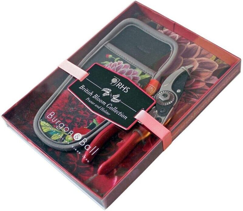 RHS British Bloom Pruner and Holster Set British Bloom Design - dark background with red, pink blooms.
Secateurs and holster in gift presentation packaging