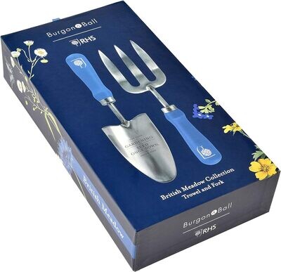 RHS British meadow Trowel and Fork set
Blue Background and Floral Design
Presentation Box