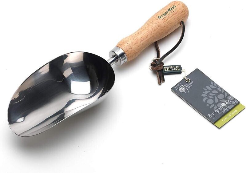 A stainless steel compost scoop- anything less will rust easily. Made by Burgon & Ball in Sheffield