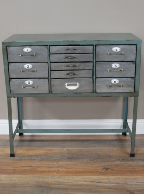 The metal stand raises the sorting drawers to a comfortable level