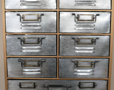 Front Elevation of Industrial Themed Drawer Cabinet.  Silver Metal Finish Drawer Frontage