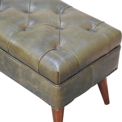 The Berwick Chestnut Finish Olive Green Leather Hand Crafted Bench