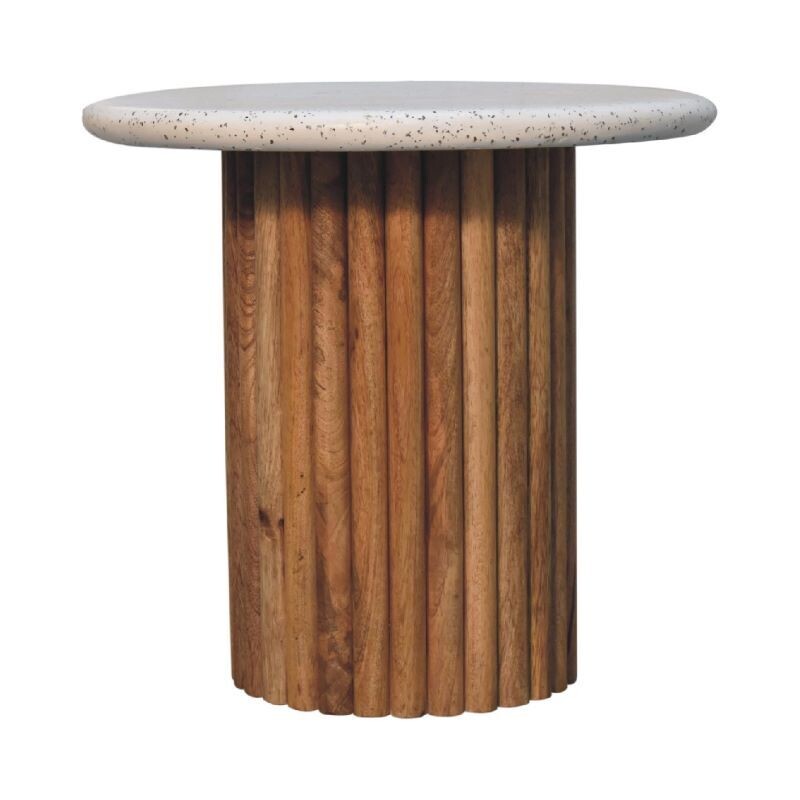 The Spa Side Table sits well almost everywhere in the home and in a commercial setting. The base is made of solid Mango wood, and is finished in an Oak stain. The top is a white Terrazzo, for an easy clean and a special look.