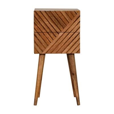 The Mini Line Carving bedside cabinet has an attractive geometric design front facia