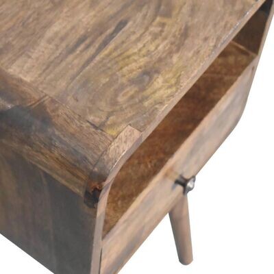 Wooden open slot bedside cabinet with one drawer, rounded edges and tapered legs, finished in warm natural wood with visible