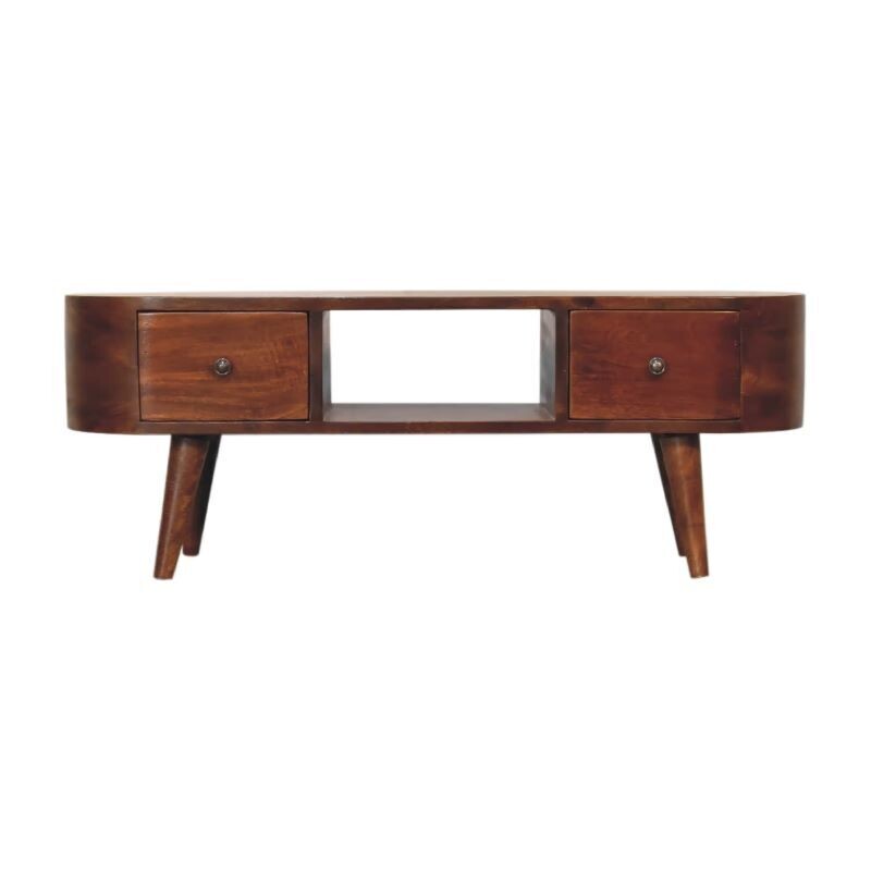 Just right for your entertainment needs with two drawers and a sizeable open section.