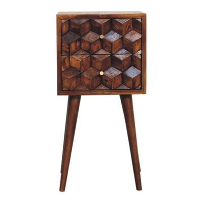 An interestingly patterned bedside cabinet built in solid Mango wood finished in a warm Chestnut.