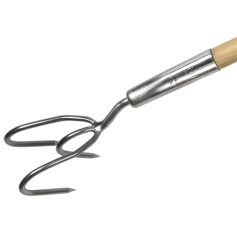 Close up of Long Handled Claw Cultivator - three metal prongs/claws