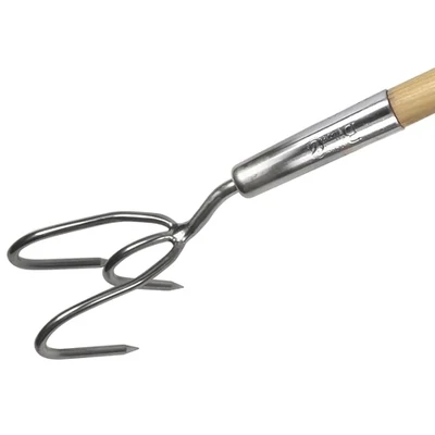 Close up of Long Handled Claw Cultivator - three metal prongs/claws