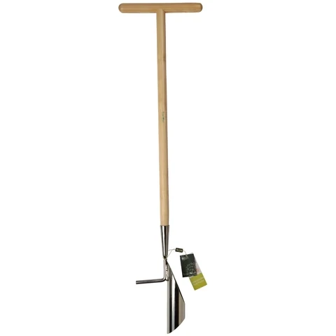 Lond handled with T bar handle. Wooden.  Twist Metal Blade