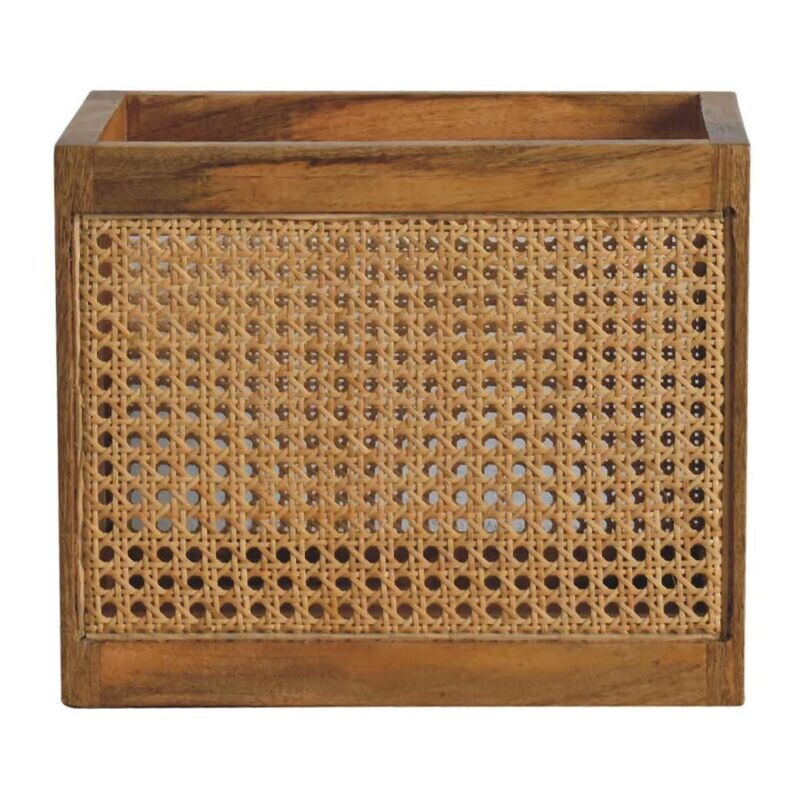 An elegant storage box with a solid mango frame, finished in an oak effect, which looks marvellous with the rattan panels.