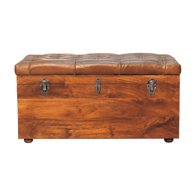 Never got enough space? This chest is so useful for storing spare bedding, towels or just about anything.
With its hinged top, it is so easy to get to anything you've stashed away, and it's so attractive in a chestnut finish and padded brown leather top, which is also handy for sitting on to do those bedroomy things!
It is built from sturdy mango wood and crafted by hand.
90 cm wide, with a height and depth of 45 cm. 