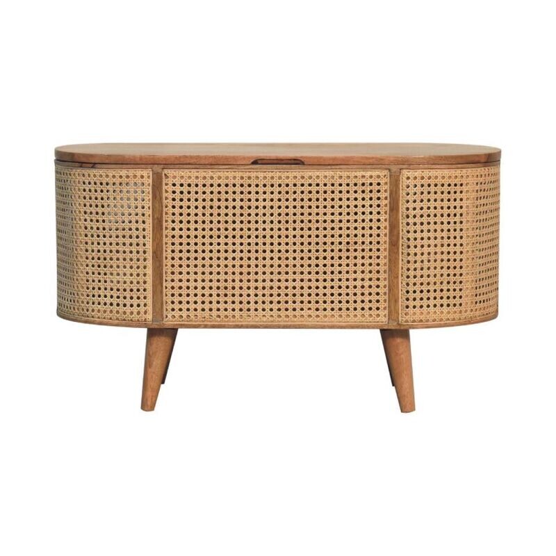 A good solid blanket box in the Cara style with lovely rattan panels and oak effect solid mango wood.