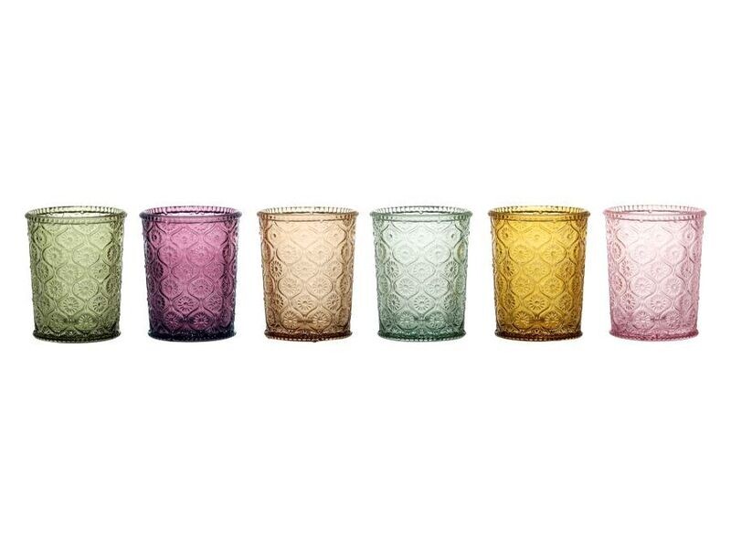 Spangles Fiesta Tumblers Glasses of Set of Six
Colours - green, purple, rose, aqua, yellow, mauve