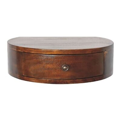 A wall mounted bedside cabinet in a chestnut finish and easily secured to the wall 