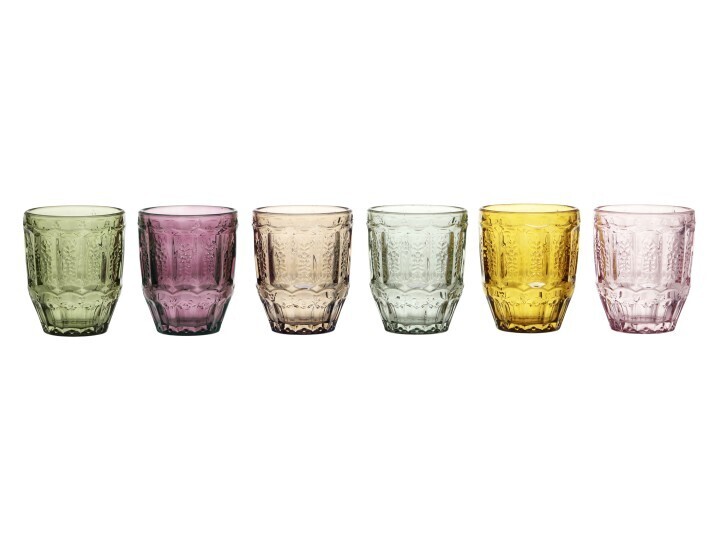 Spangles Party Tumblers Glasses of Set of Six
Colours - green, purple, rose, aqua, yellow, mauve