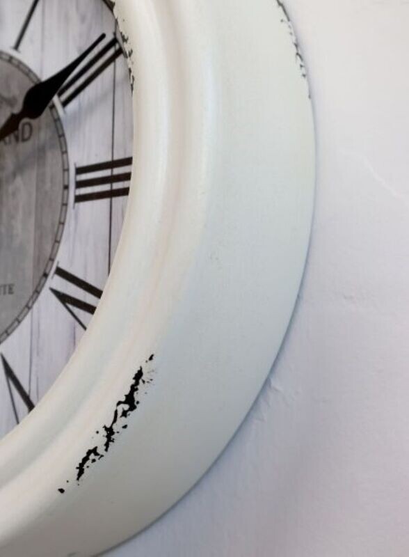Institute Clock
Antique Cream Finish.  White and Grey Clock face.  Dark Grey Roman Numerals.  Black Clock Hands
text:  French Culinary Institute