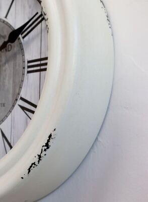 Institute Clock
Antique Cream Finish.  White and Grey Clock face.  Dark Grey Roman Numerals.  Black Clock Hands
text:  French Culinary Institute