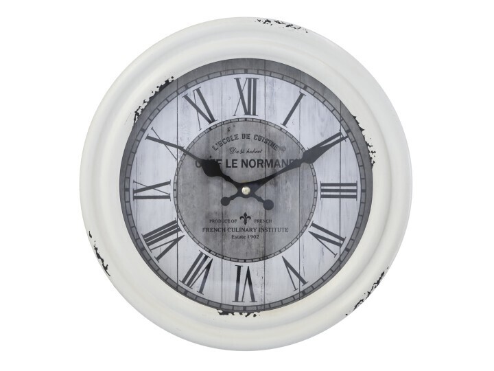 Institute Clock
Antique Cream Finish.  White and Grey Clock face.  Dark Grey Roman Numerals.  Black Clock Hands
text:  French Culinary Institute