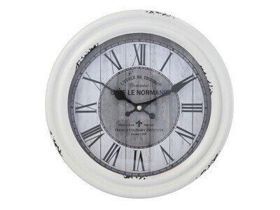 Institute Clock
Antique Cream Finish.  White and Grey Clock face.  Dark Grey Roman Numerals.  Black Clock Hands
text:  French Culinary Institute