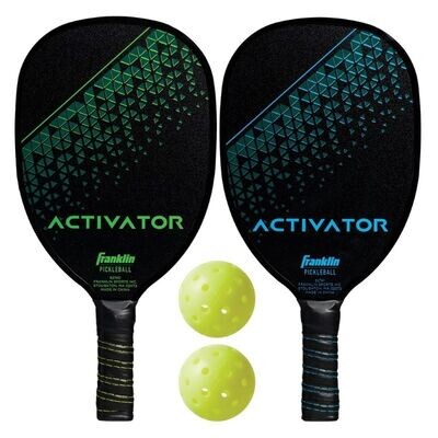 Franklin Activator 2 Player Pickleball paddle and ball set
Black bats with green and blue pattern and activator logo
two yellow pickleballs