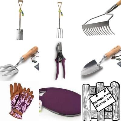 Gardener's Starter Tool Set Digging Fork and Spade, a Hand Trowel and Fork, a Ground Rake, Secateurs, Kneelo Kneeler and Garden Gloves.