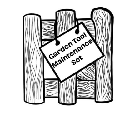 UpTheGarden Company Logo - Hand drawn garden gate with sign hanging on it ascew
Garden Tool Maintenance Set on Sign