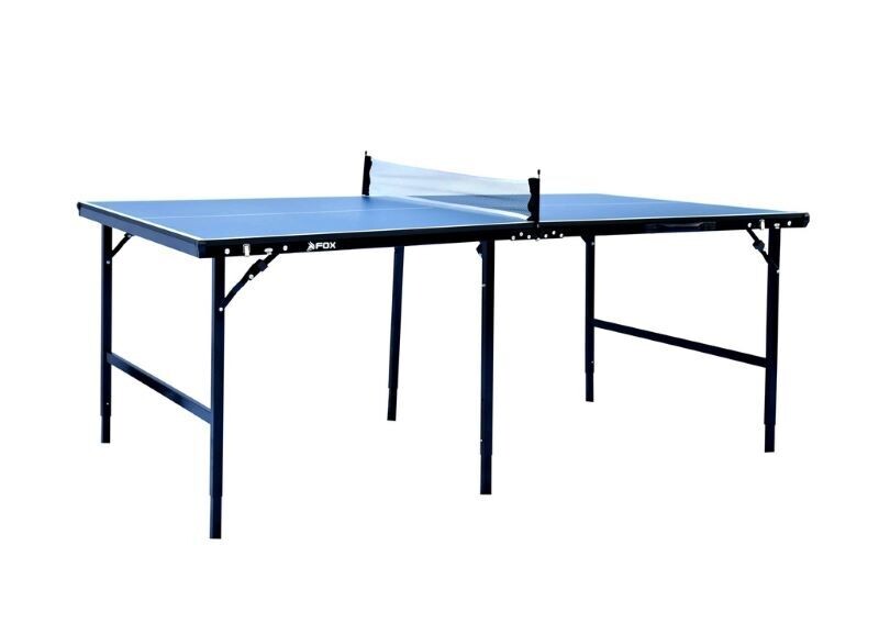 A table tennis table that's smaller than a regulation table, and designed for home use. It even folds down for stacking away or for transportation.