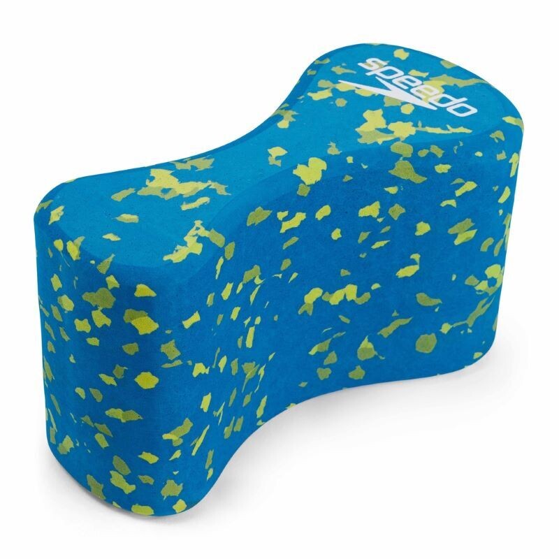 Swim Pullbuoy.
Shape of solid figure 8
Blue with yellow paint splash design - White Speedo Logo
Side elevation