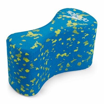 Swim Pullbuoy.
Shape of solid figure 8
Blue with yellow paint splash design - White Speedo Logo
Side elevation
